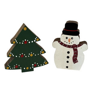 Folk-art Snowman & Christmas Tree, Painted Wood, 3.5" Tall Set of 2 Holiday